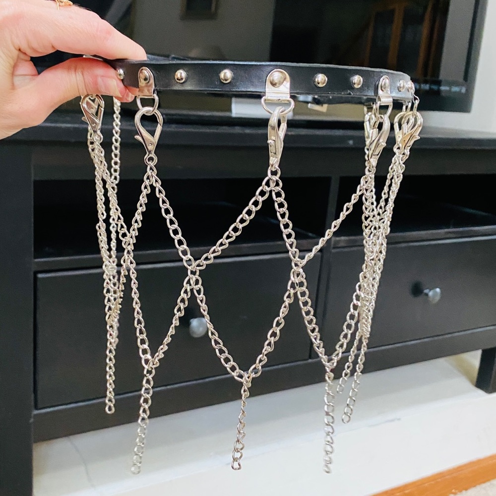 Vintage punk rock studded black silver chain belt
